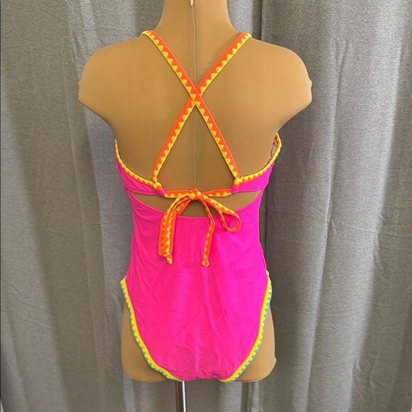 POPVIL Vibrant Pink One-Piece Swimsuit with Colorful Trim - Picture 6 of 10